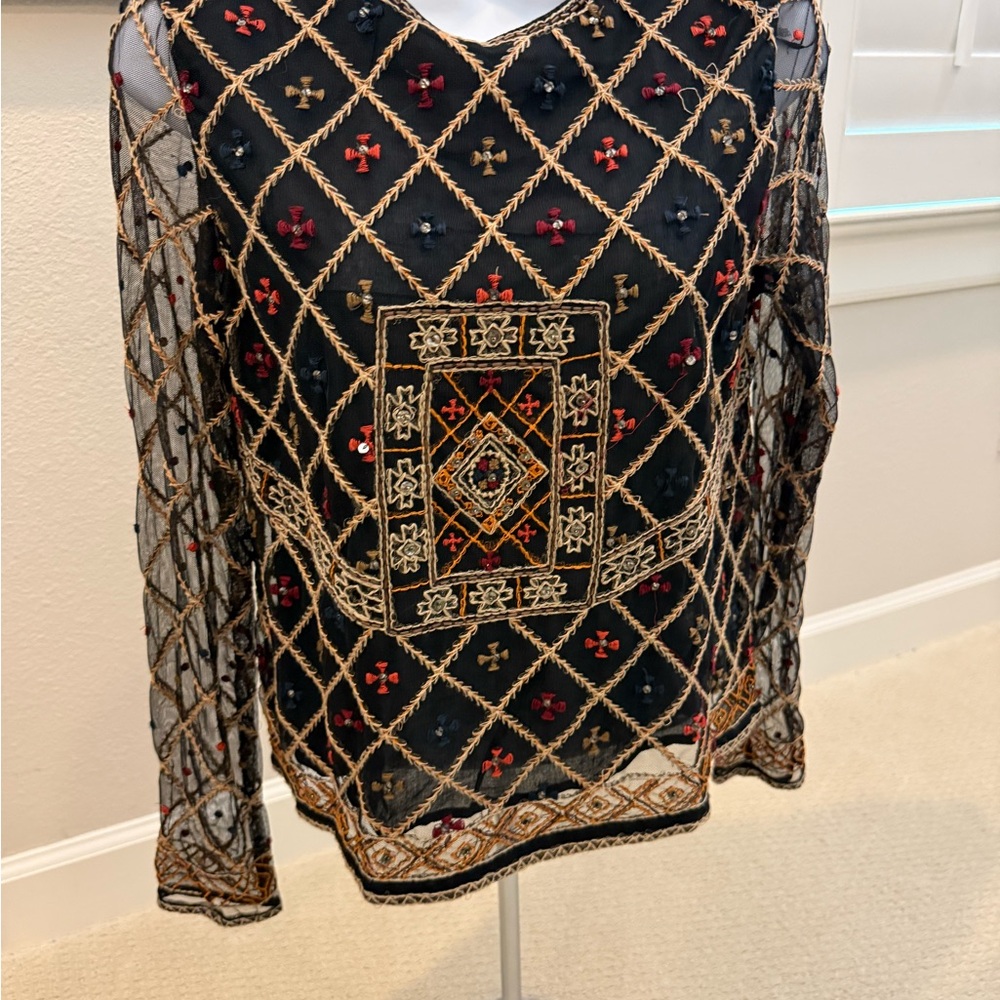 Zara Black and Gold Embroidered Blouse